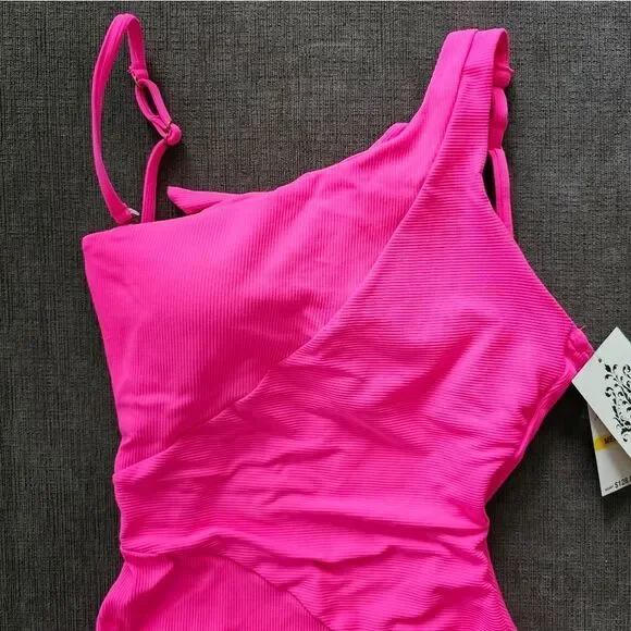 🆕️2023 BECCA BY REBECCA VIRTUE Pink Ribbed Asymmetrical One Piece Swimsuit M - Picture 14 of 14